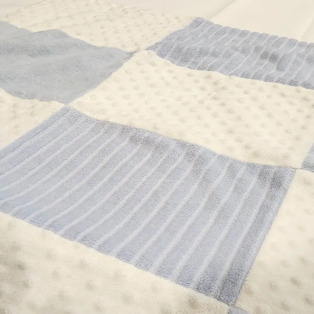Kyle & Deena Patchwork Square Baby Blanket BLUE & WHITE Minky Dot Stripes Ribbed